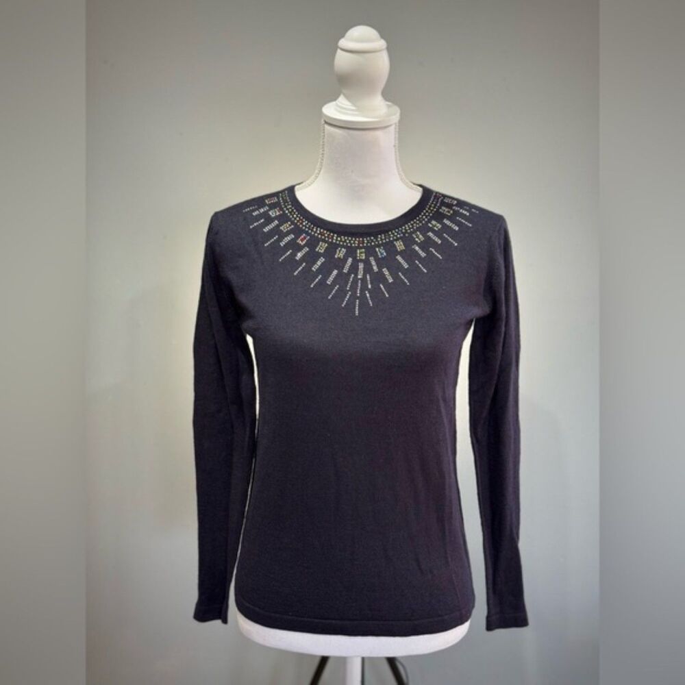 SALE! Navy Vintage Rhinestone Neckline Lightweight Sweater Size S VGUC